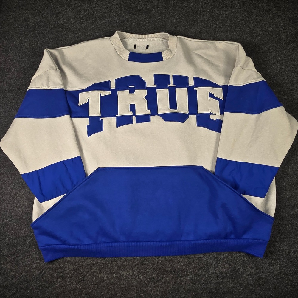 Y2K True Religion Men's Blue White Colorblock Oversized Sweatshirt Size XXL